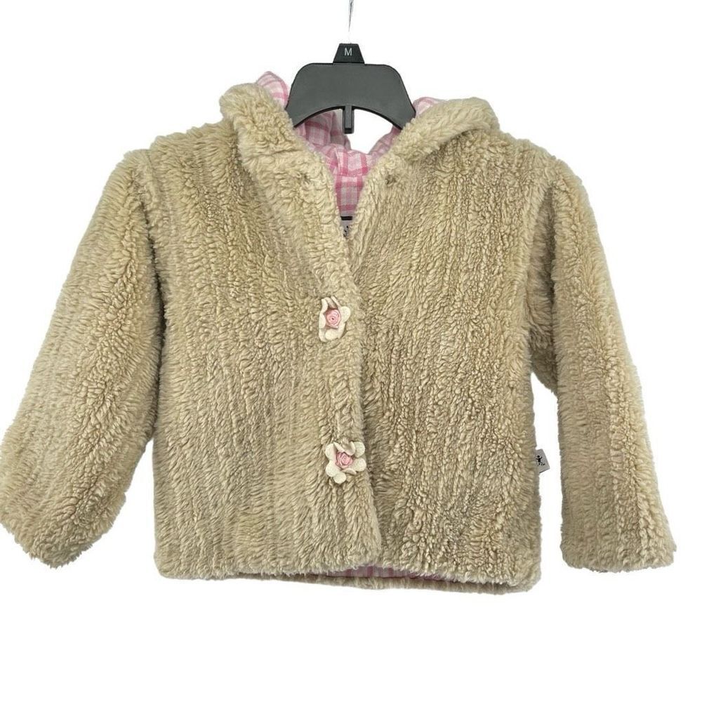 Corky & Company Toddler Girl’s Tan Plush Faux Fur Snap Front Hooded Coat 4T